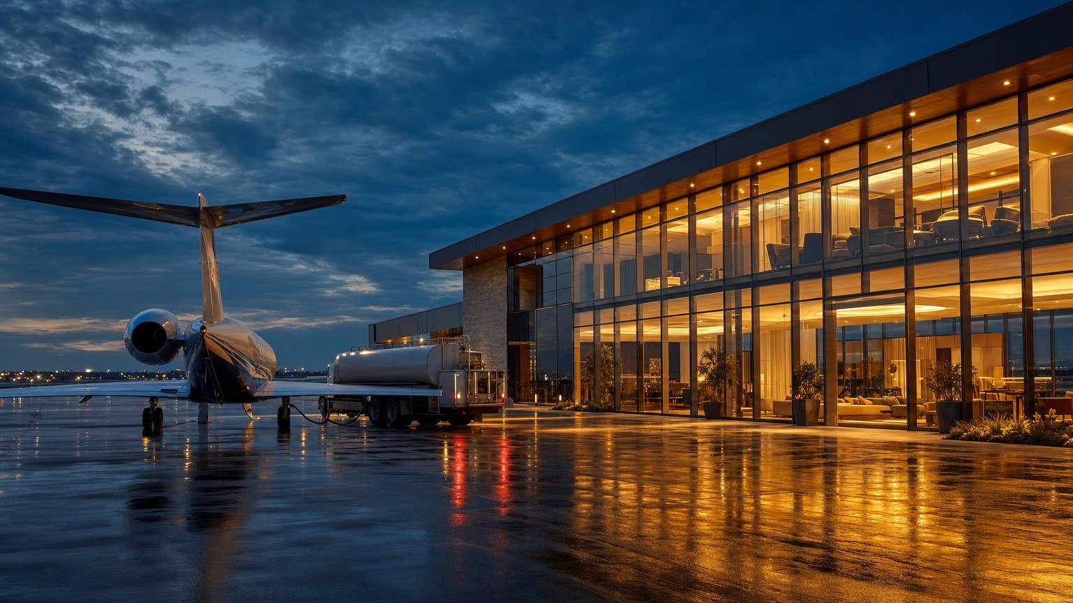 Atlantic Aviation FBO terminal at dusk with business jet on the ramp