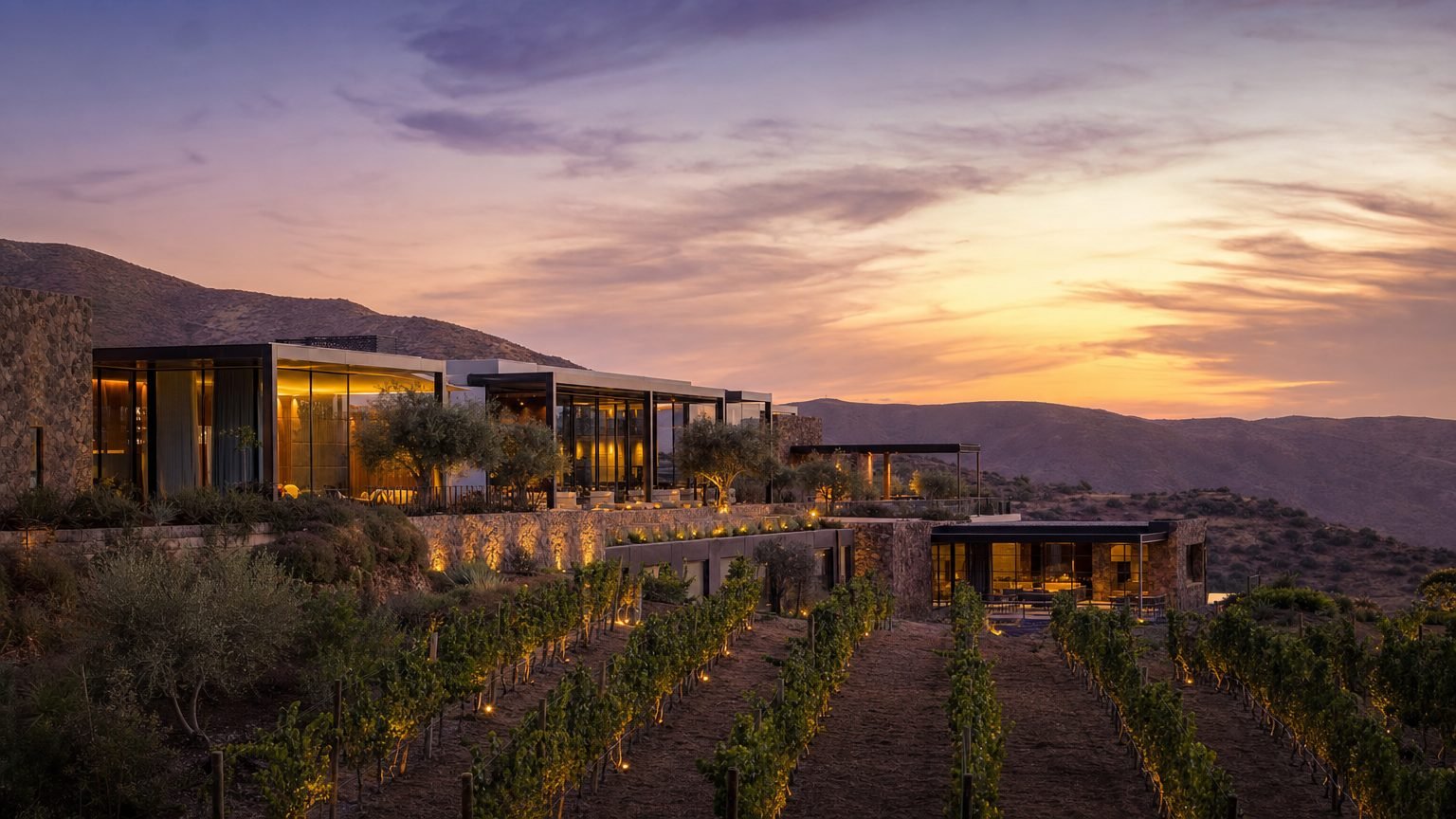 Valle de Guadalupe estate at twilight, vineyards and modern architecture