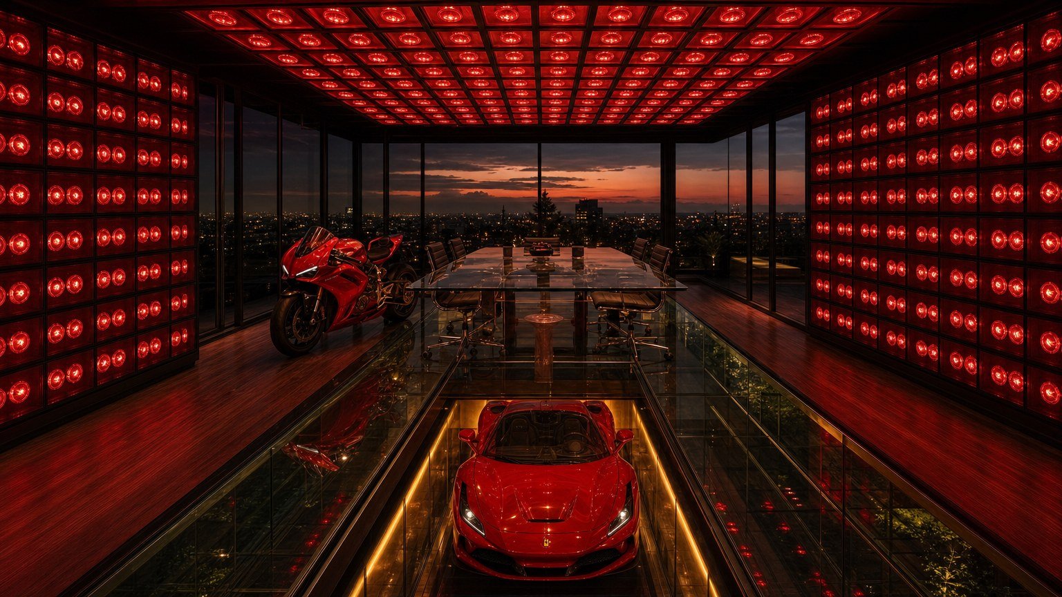 Red-light boardroom with glass floor over stored supercars