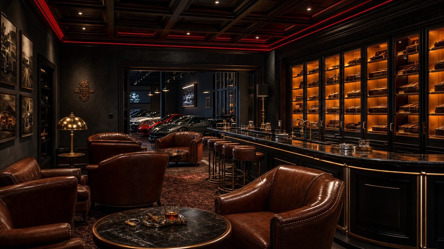 The Cigar Lounge, cognac leather club chairs, a black marble bar and a backlit wall of humidors, with the car gallery glowing through the opening