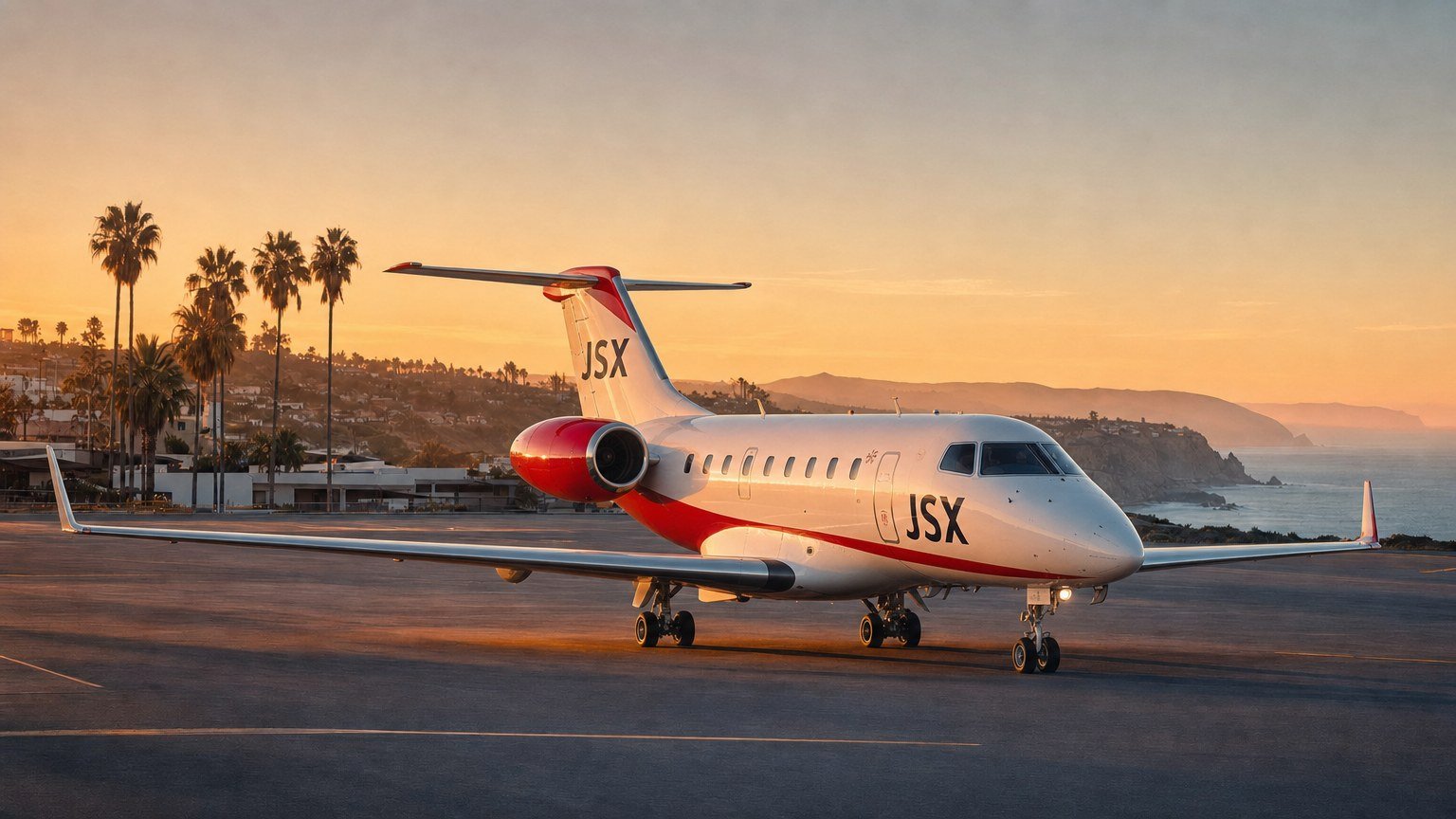 JSX Embraer ERJ-135 regional jet at golden hour