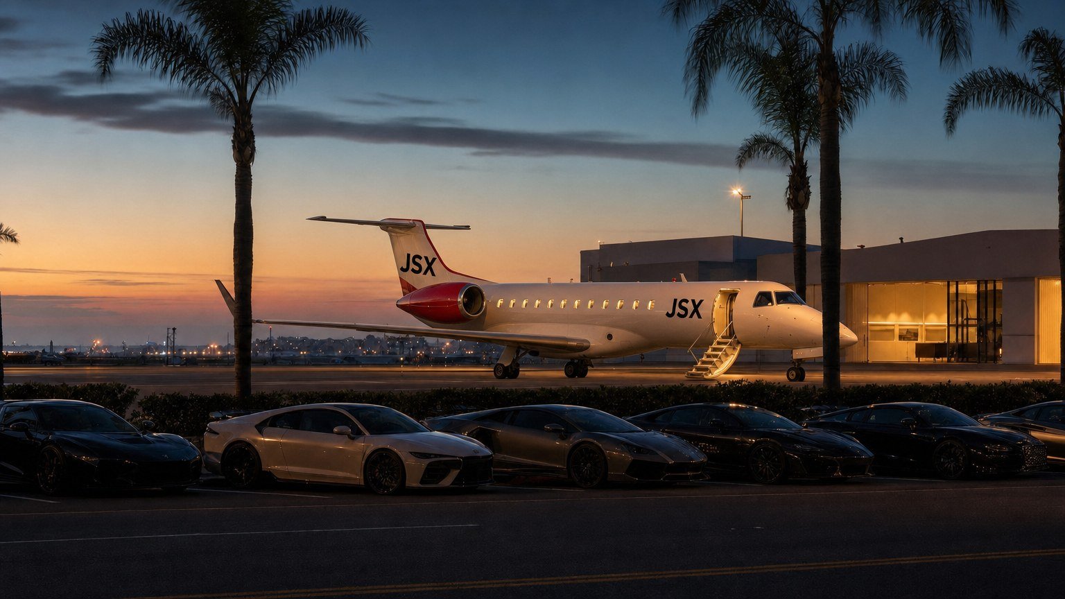 JSX Embraer ERJ-135 regional jet on the ramp at dusk with luxury cars waiting curb-side