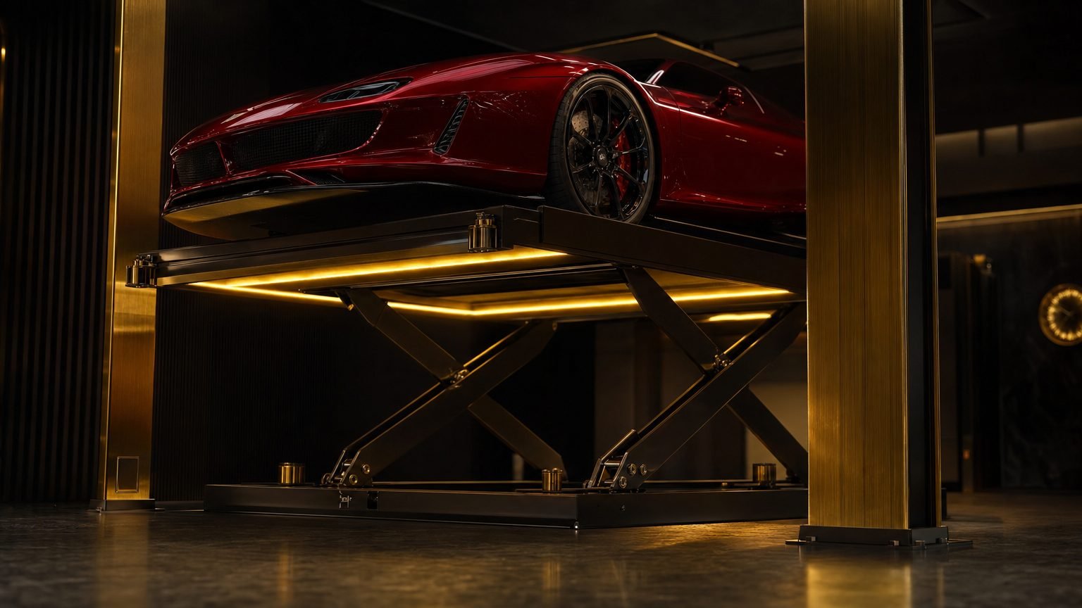 Red supercar on an electric lift platform with golden underglow