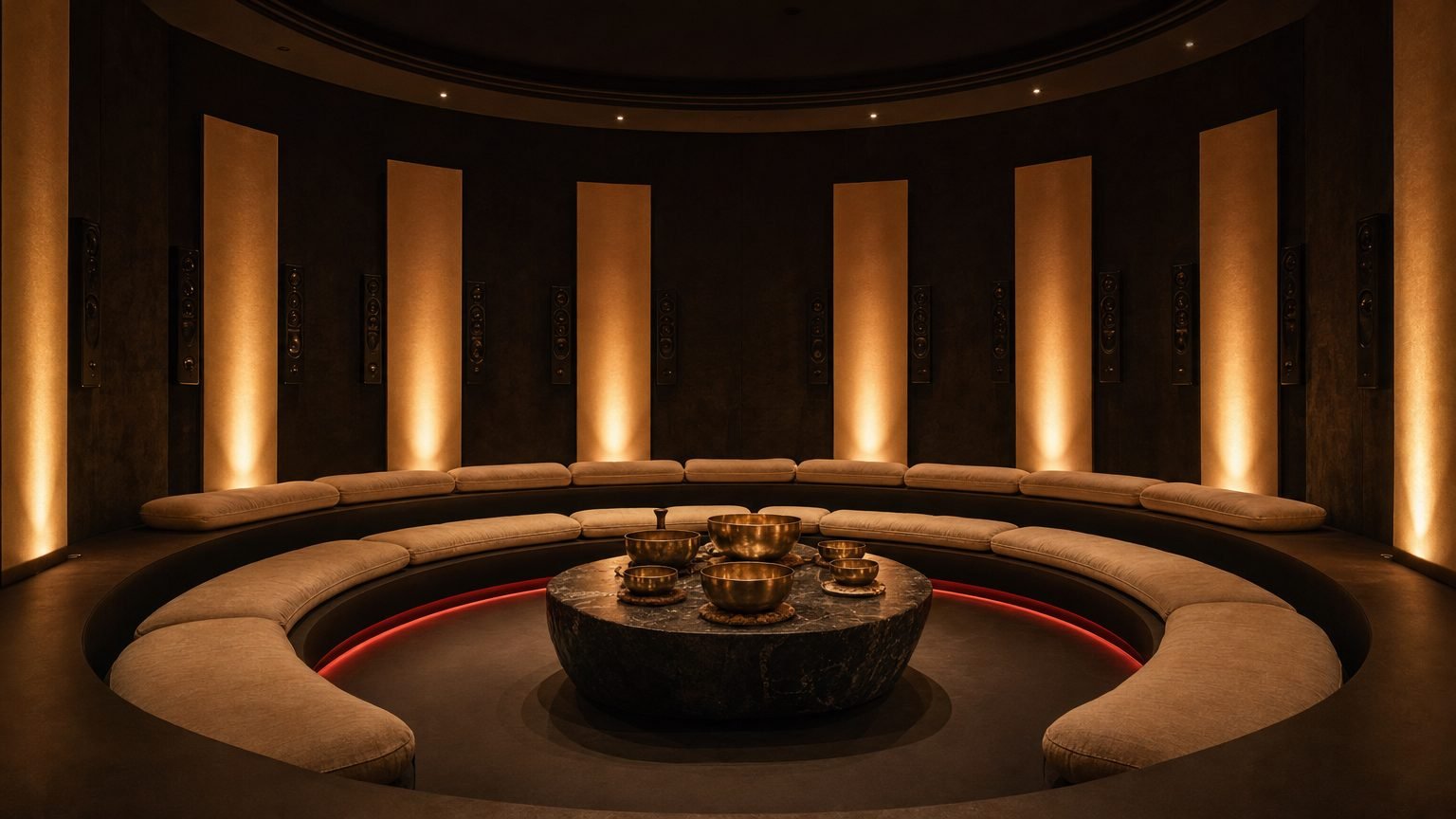 Sound lounge with planar speaker panels and leather seating