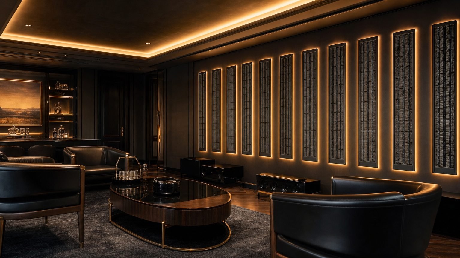 Backlit planar speaker panel wall in a dark luxury lounge
