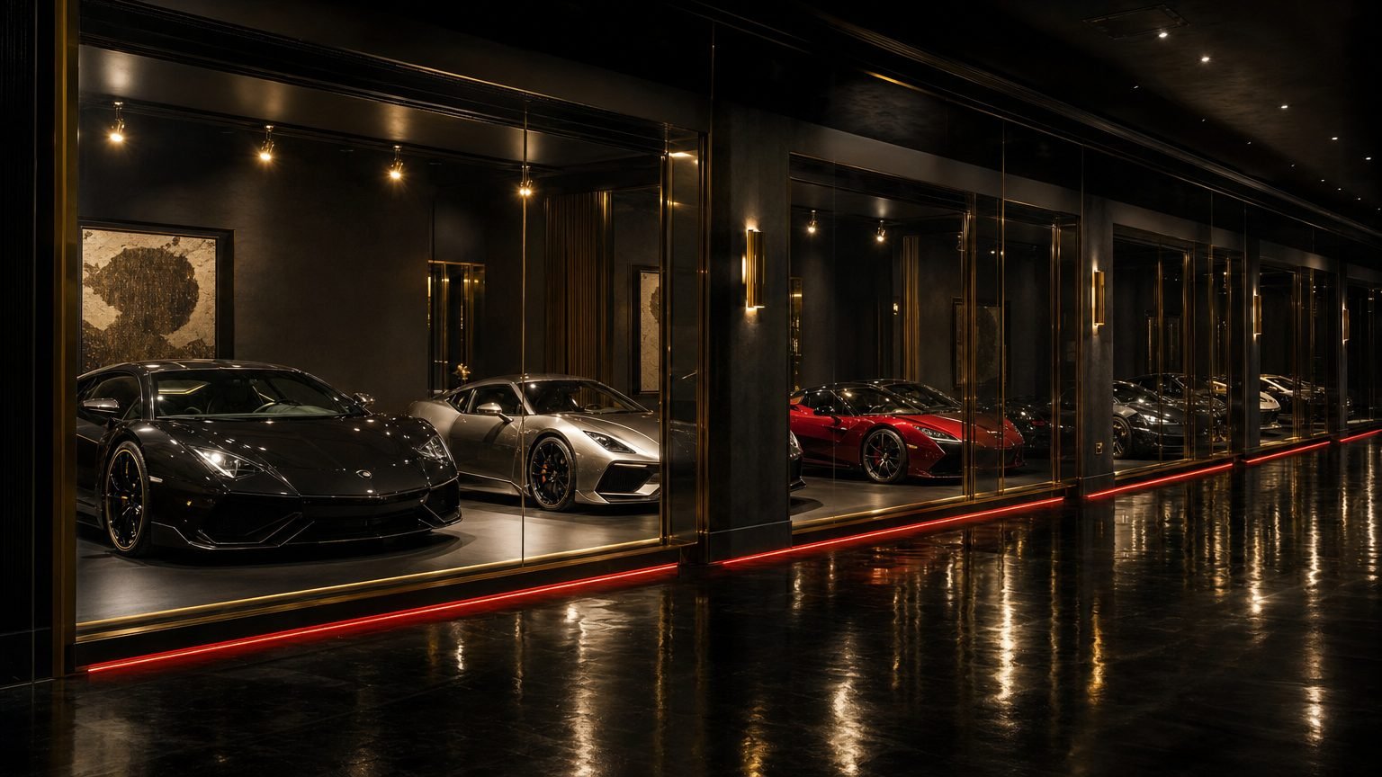 Supercars stacked three high on electric rack lifts in the Fly Inn vault hall