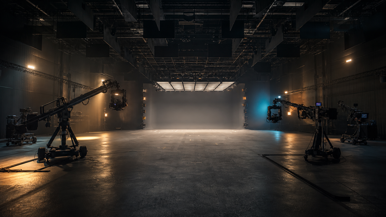 Large dark film studio with gray cyclorama stage, camera cranes and overhead lighting