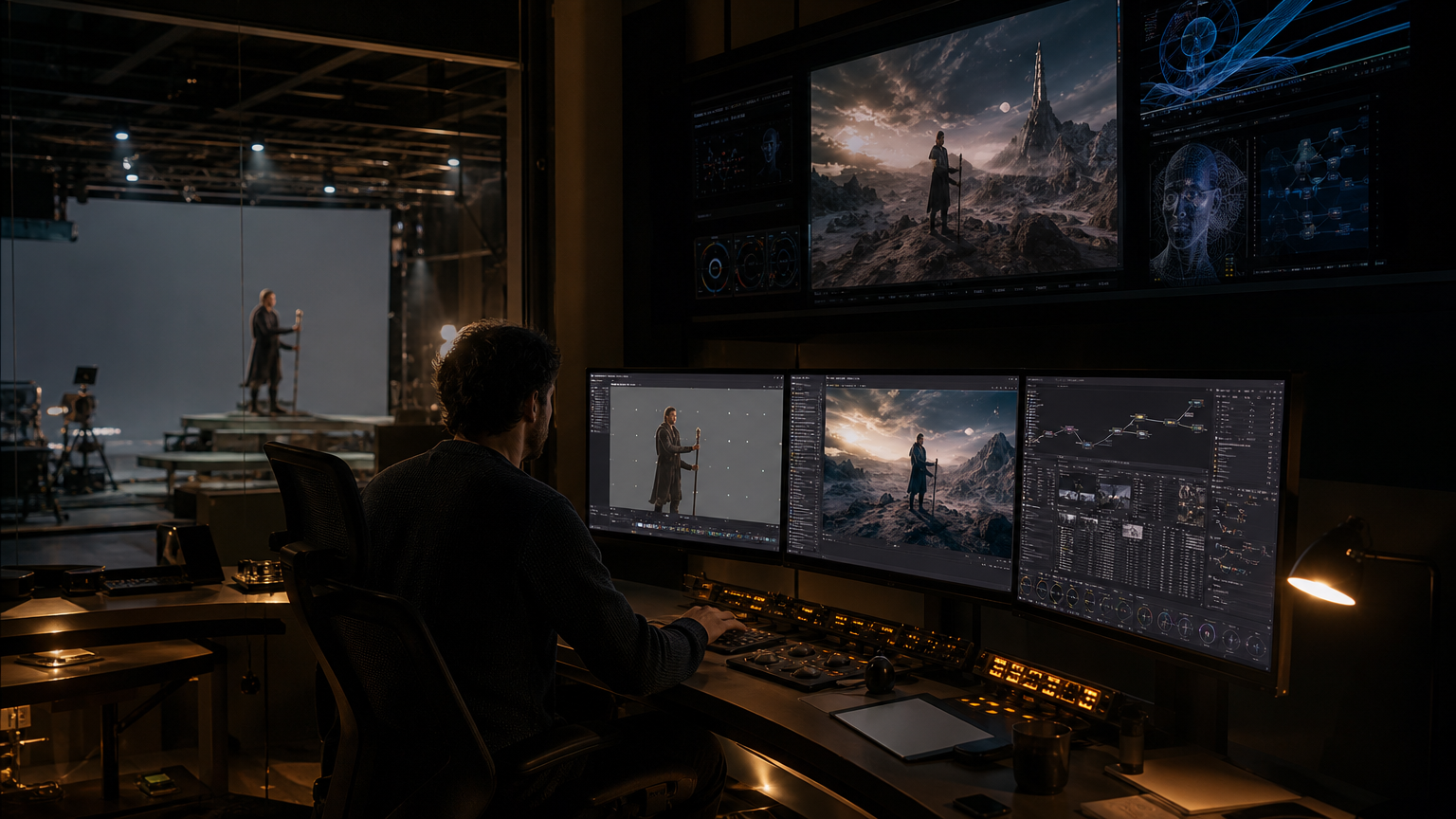 Dark post-production control room with screen wall overlooking the film stage