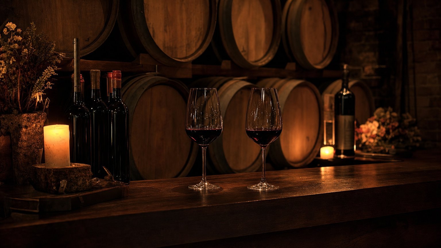 Candlelit tasting cellar with oak barrels and red wine