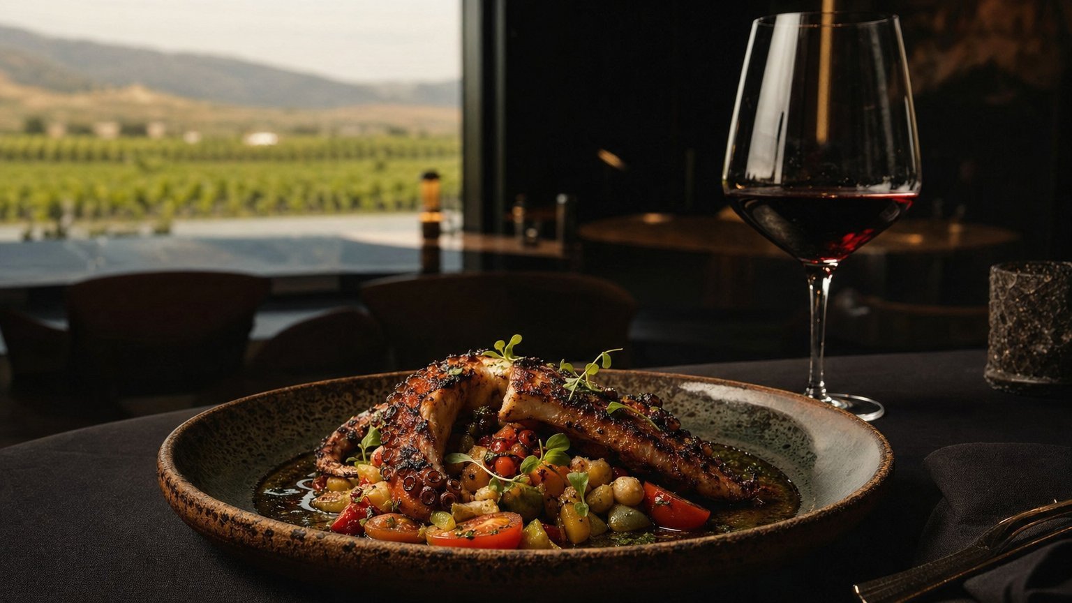 Baja Med plated seafood dish with a glass of red wine
