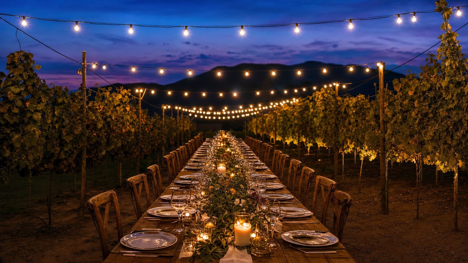 Long harvest dinner table under string lights between vineyard rows at dusk