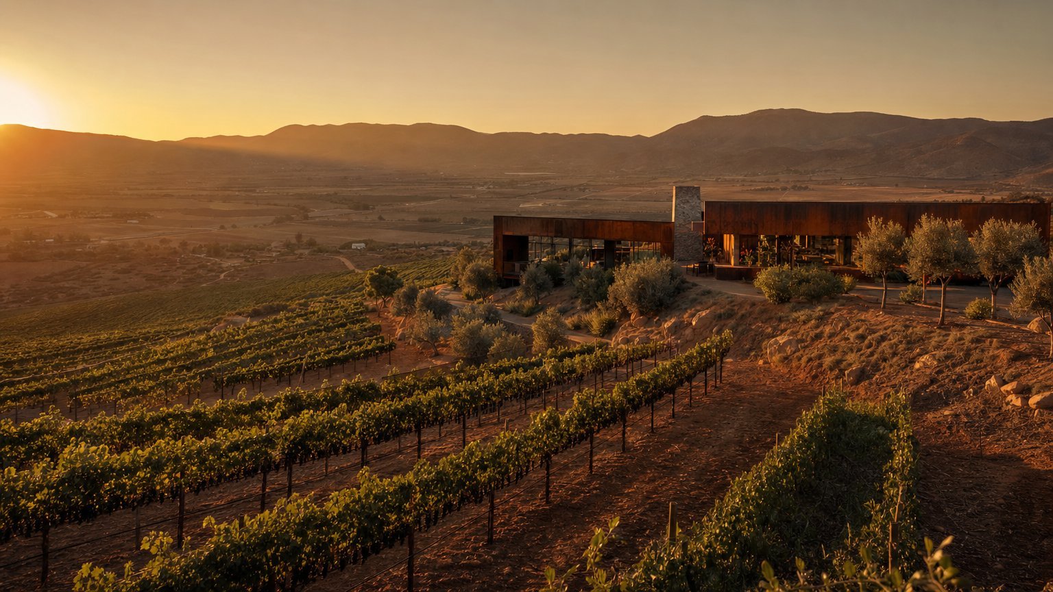 Valle de Guadalupe vineyards and winery estate at golden hour
