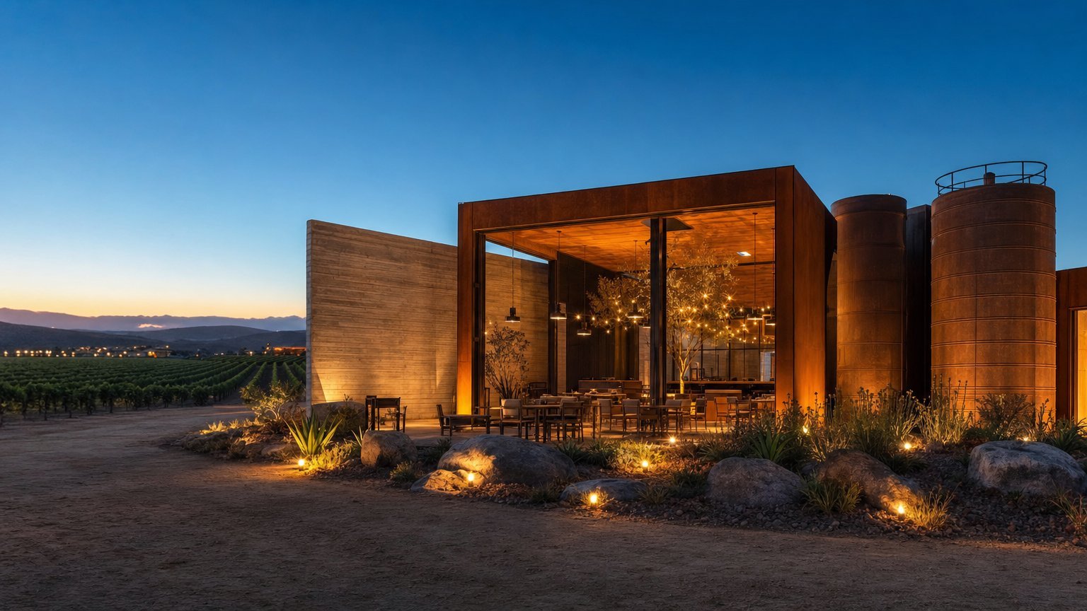 Cor-Ten steel winery glowing at dusk in Valle de Guadalupe