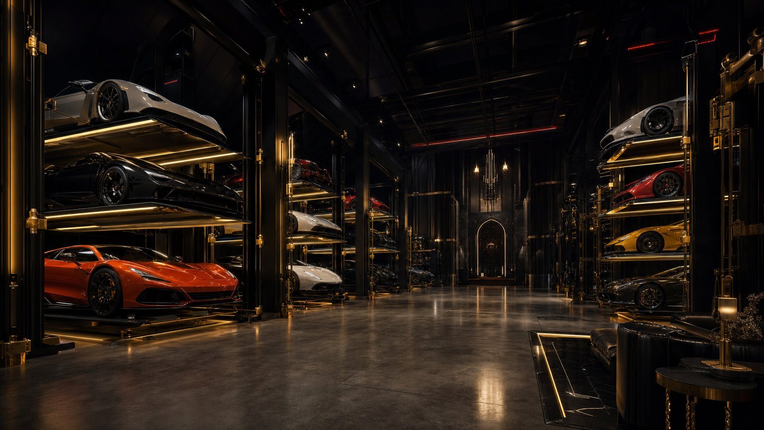 Vault hall with supercars on lit lift platforms receding toward a glowing archway
