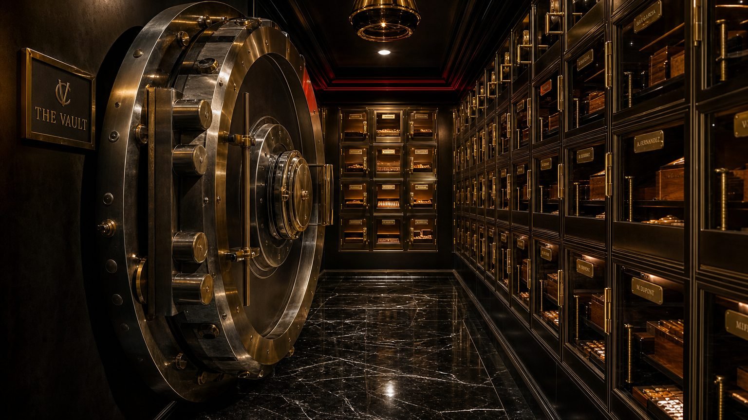 The Vault, a bank-vault door opening into a walk-in humidor room lined with private member humidor lockers in brass frames, each with its own nameplate