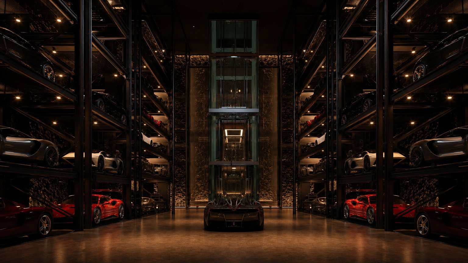 Glass elevator rising through a multi-storey car vault with rack walls of supercars